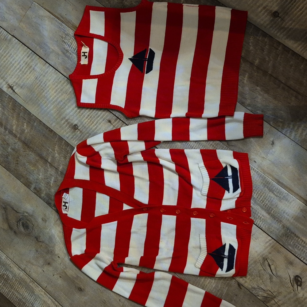 JH Collectibles Nautical Twin Knit Set Cardigan + Tank Sailboat Red White S